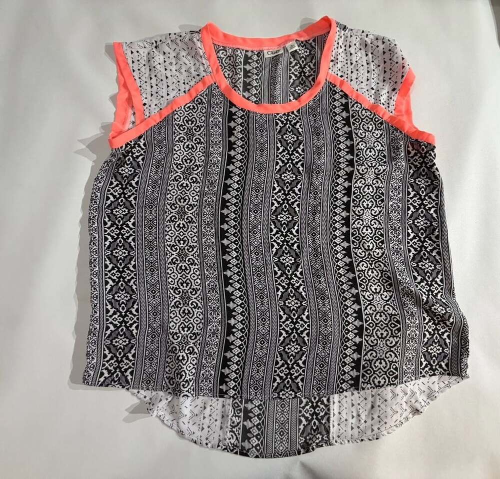 Cato Black White Printed Sleeveless Tank Top Coral Trim XL
